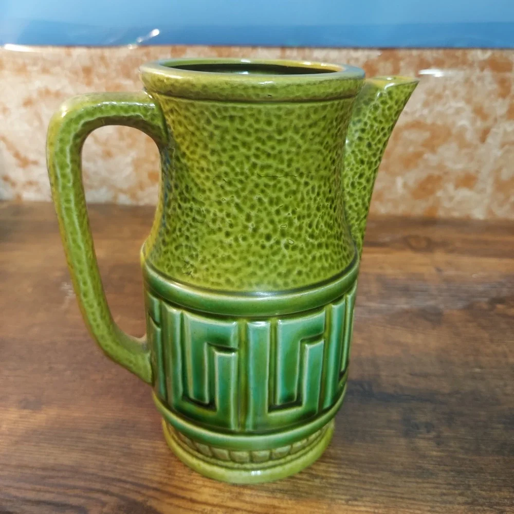Vintage Avocado Green Ceramic Pitcher Greek Key MCM Textured Pottery 6.5x6in